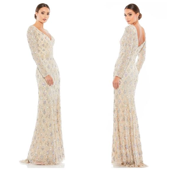 Mac Duggal Sequin Plunge V-Neck Long Sleeve Sheath Gown Size 14 NWT